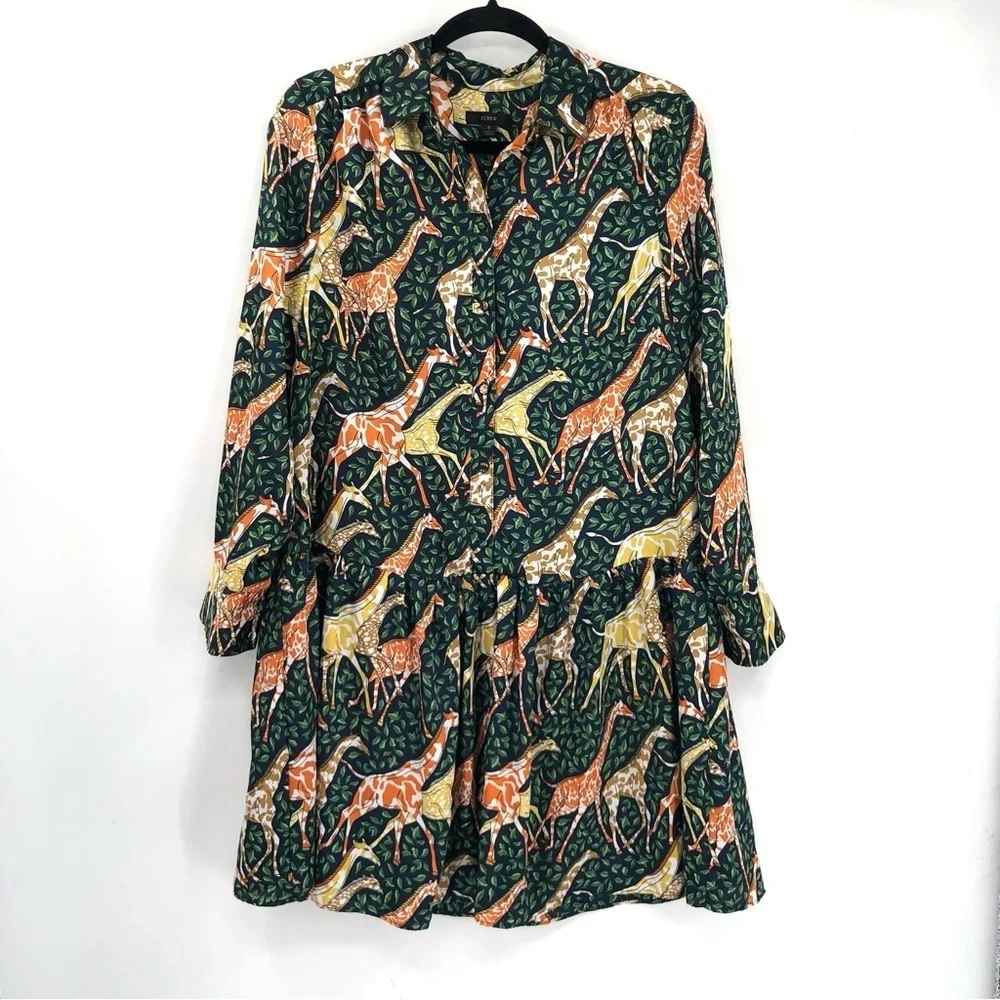 J.CREW Shirtdress in Giraffes Novelty Print Dress Long Sleeve S Navy Saffron